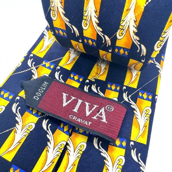Viva Cravat Vintage Silk Necktie Navy Blue Yellow Gold Patterned Designer - Picture 4 of 4
